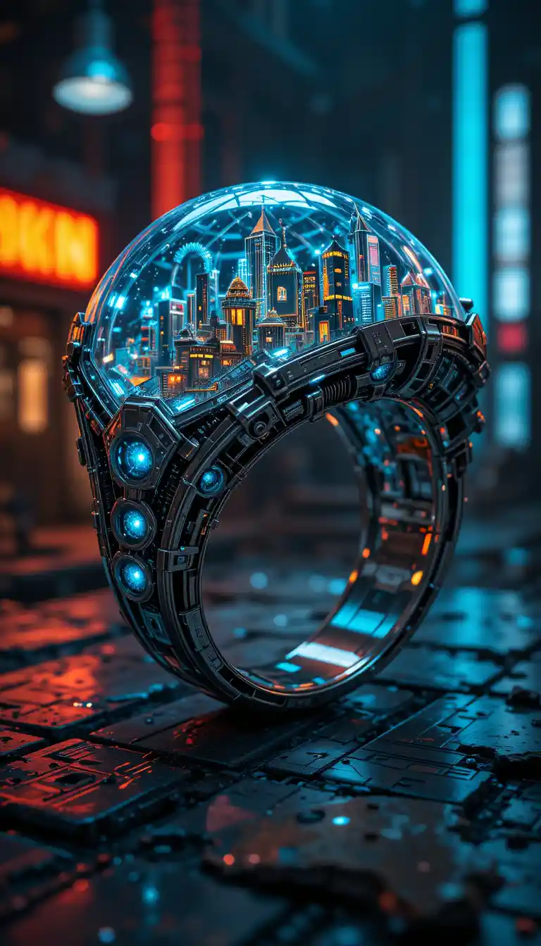 Intricate steampunk ring with futuristic city inside