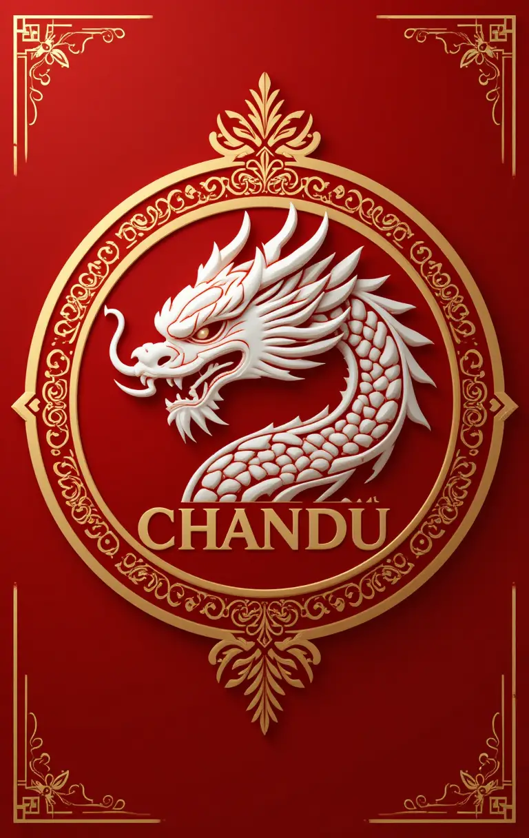 Rotes Drachenlogo mit goldenen Details und „chandu“-Text