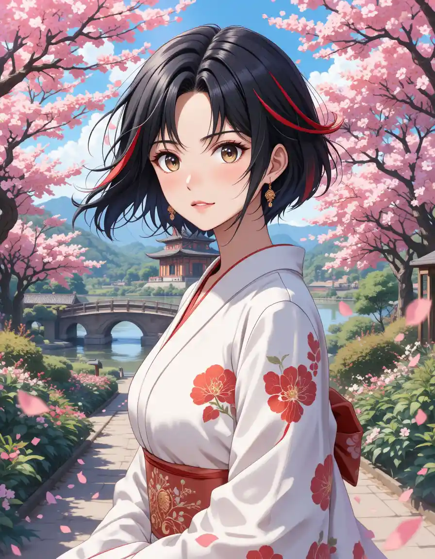 穿著和服走在櫻花庭園中的動漫少女