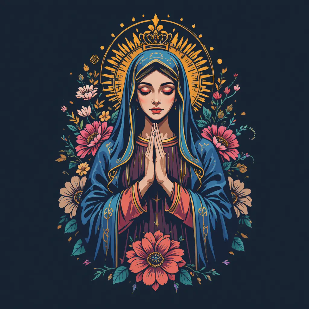 Illustration de la Vierge Marie avec mains en prière et éléments floraux