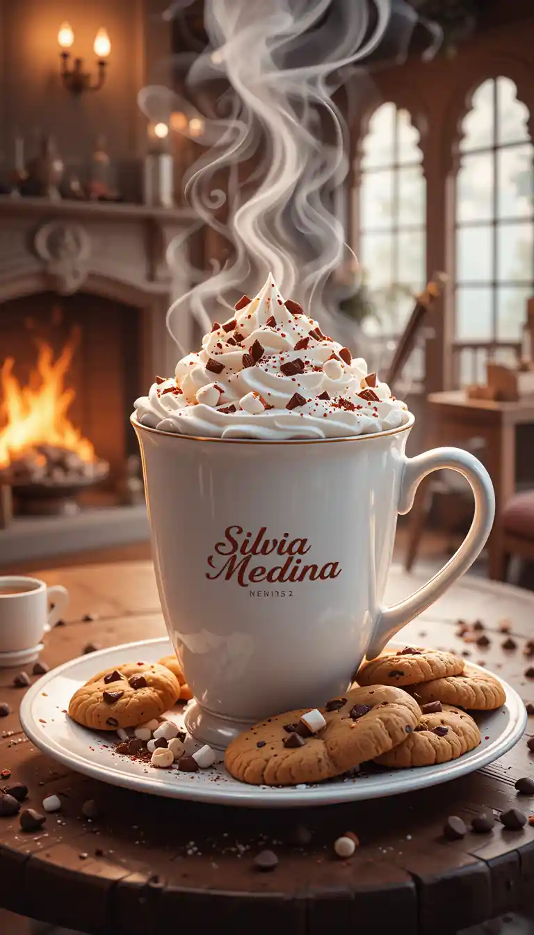 Cozy hot chocolate and cookies by a warm fireplace
