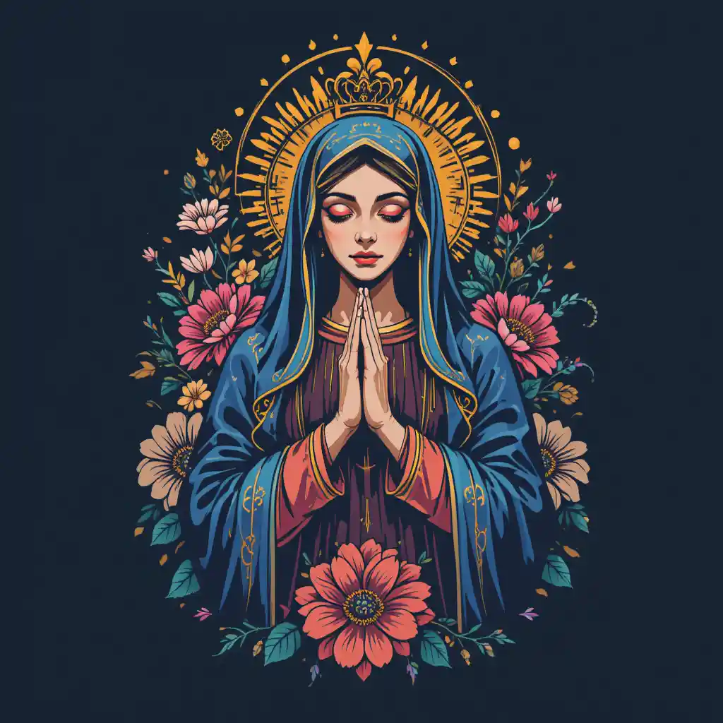 Virgin Mary illustration with praying hands and floral elements