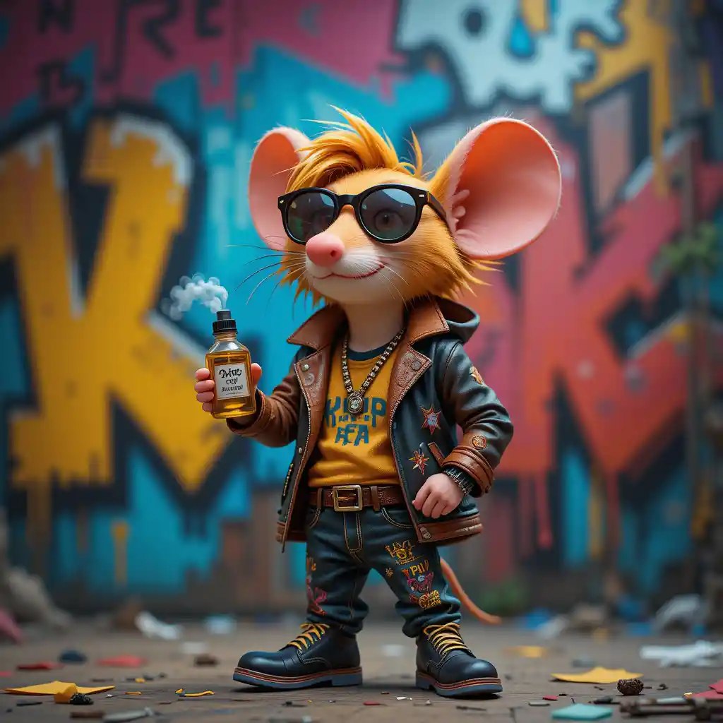 Stylish cartoon mouse graffiti artist with colorful punk vibe