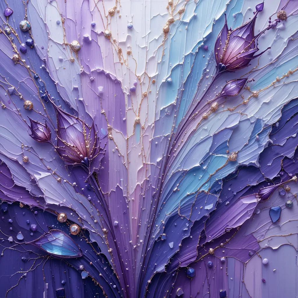 Peinture abstraite violette de cristal avec fleurs texturées et expressives