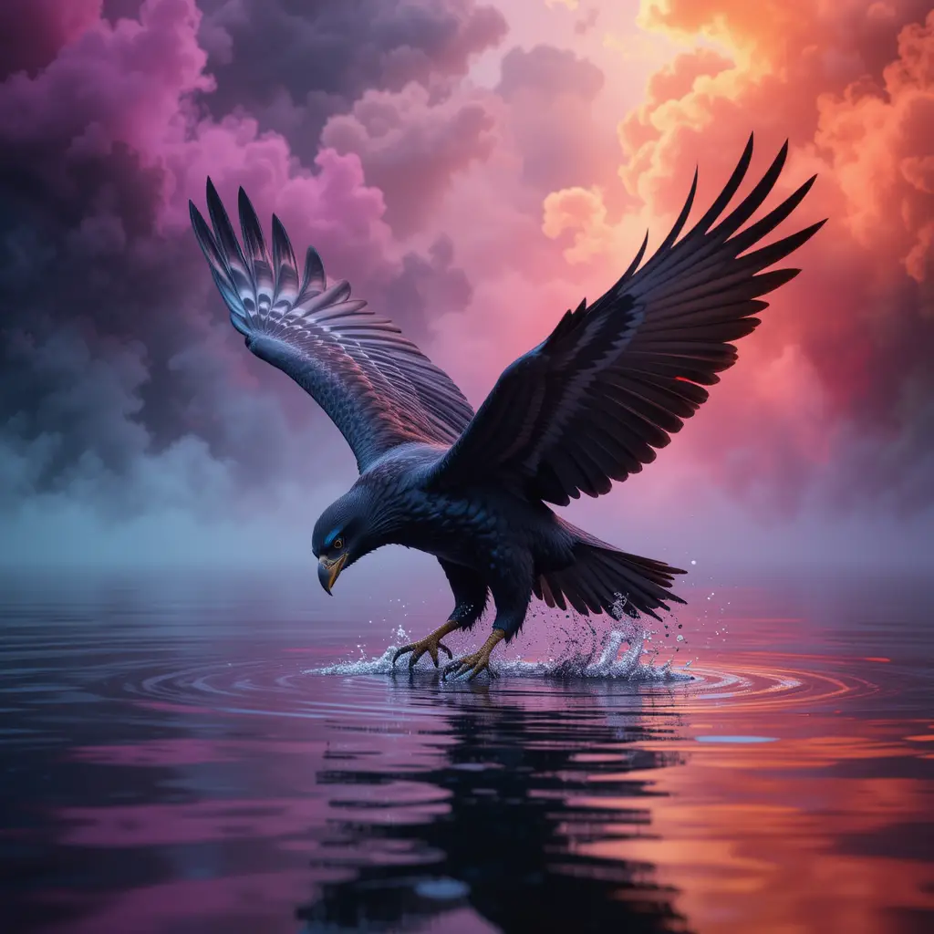 Hawk Gliding Above Mystical Colorful Magical Water