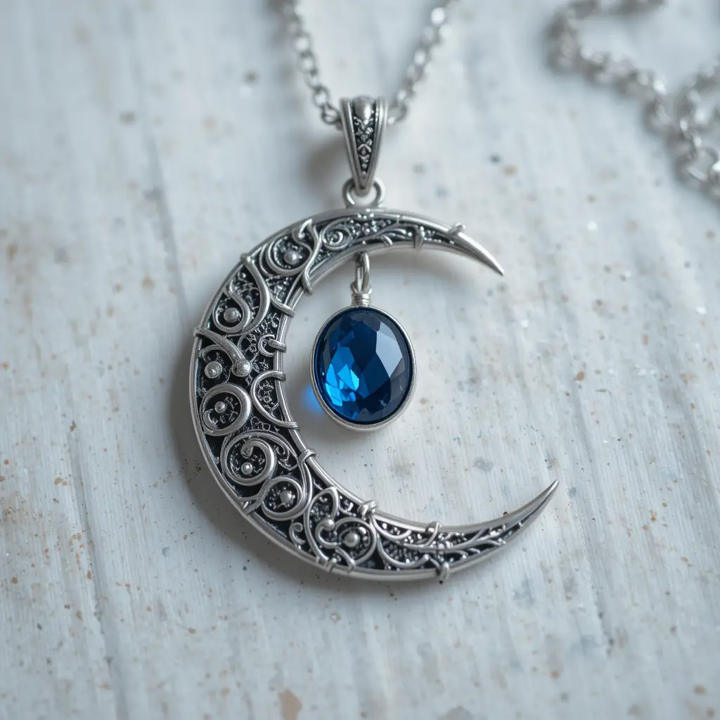 Collana con luna crescente in argento e gemma blu in primo piano