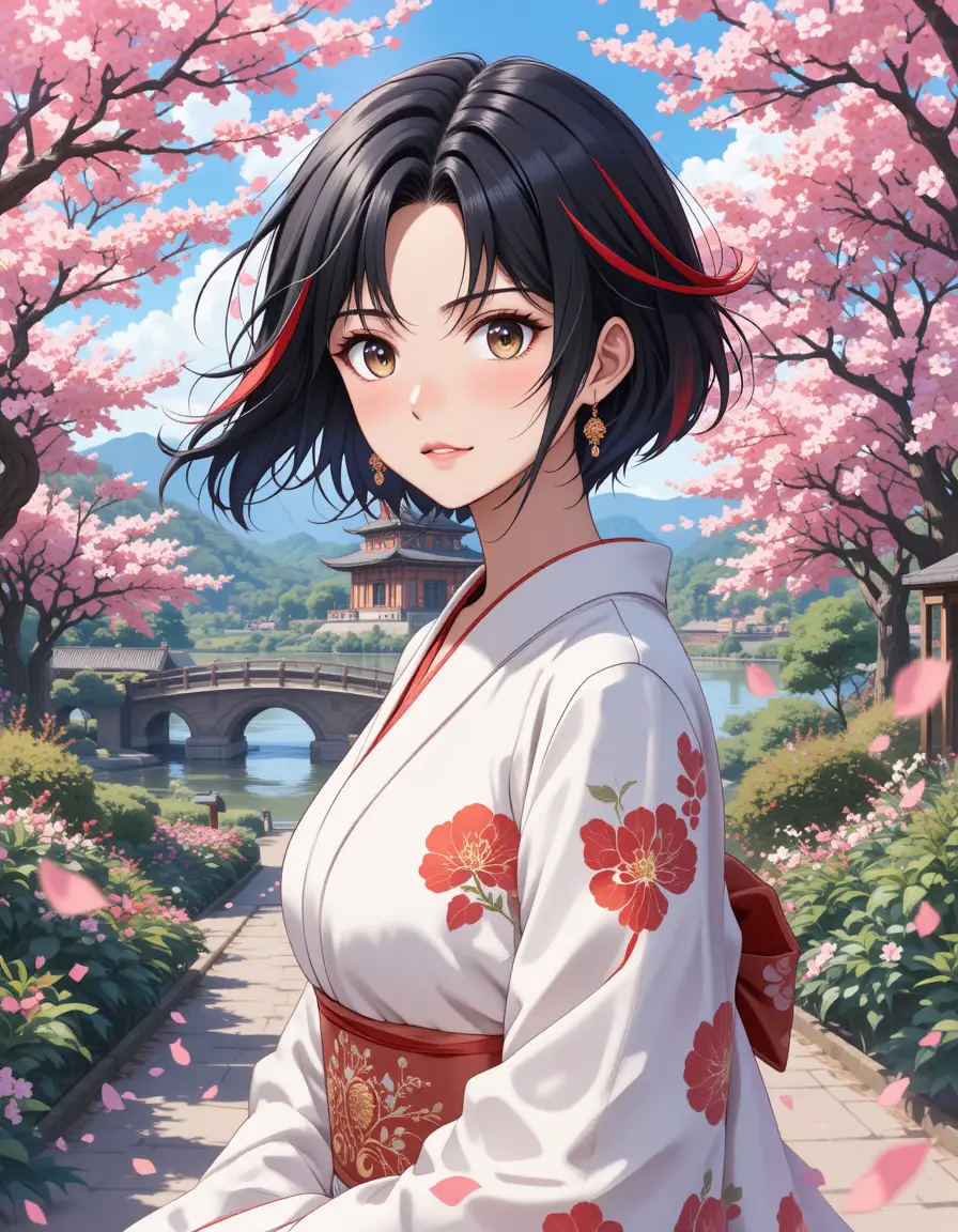 穿著和服走在櫻花庭園中的動漫少女