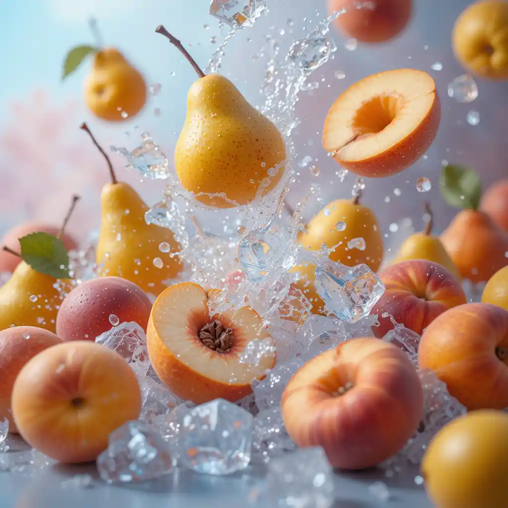 Pere e pesche fresche con spruzzo di acqua ghiacciata – illustrazione