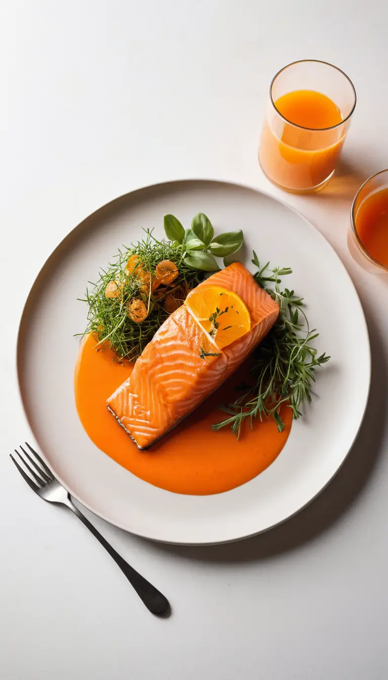 Plat de saumon élégant sur assiette blanche avec boisson à l’orange
