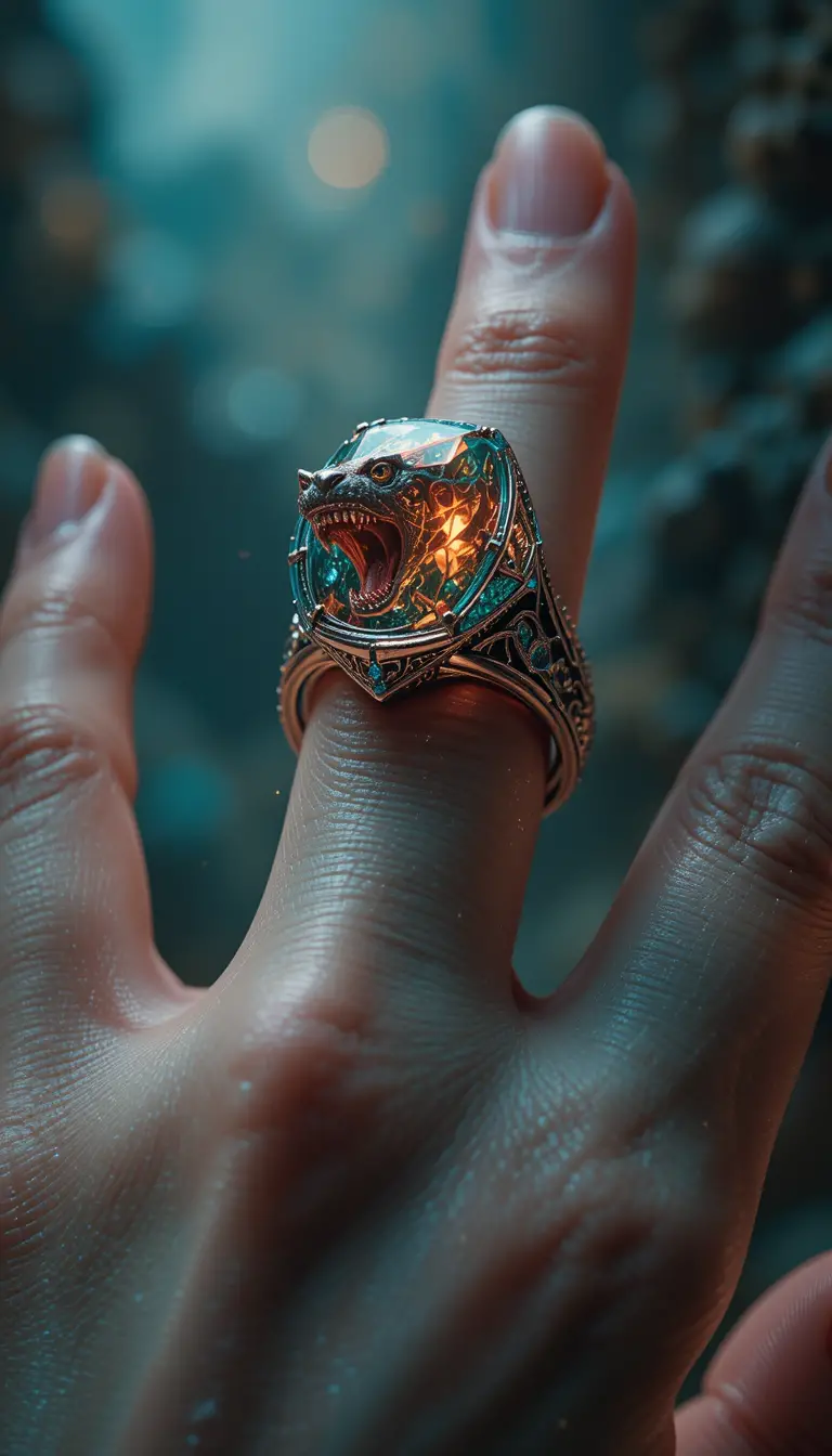 Surrealer Makroblick auf einen Diamantring mit gefangenem Biest