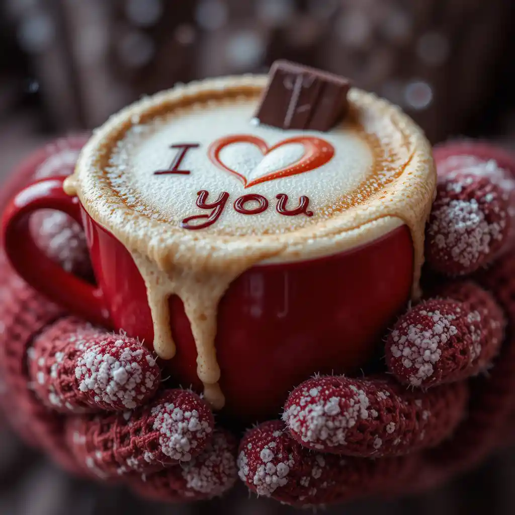 Romantic close up of red coffee cup and chocolate