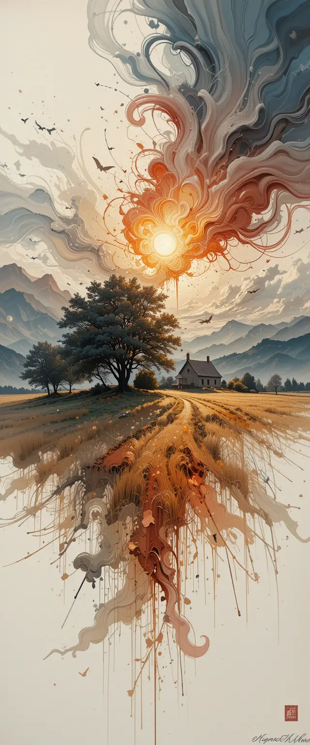 紅色夕陽下的黑麥田與農舍景觀