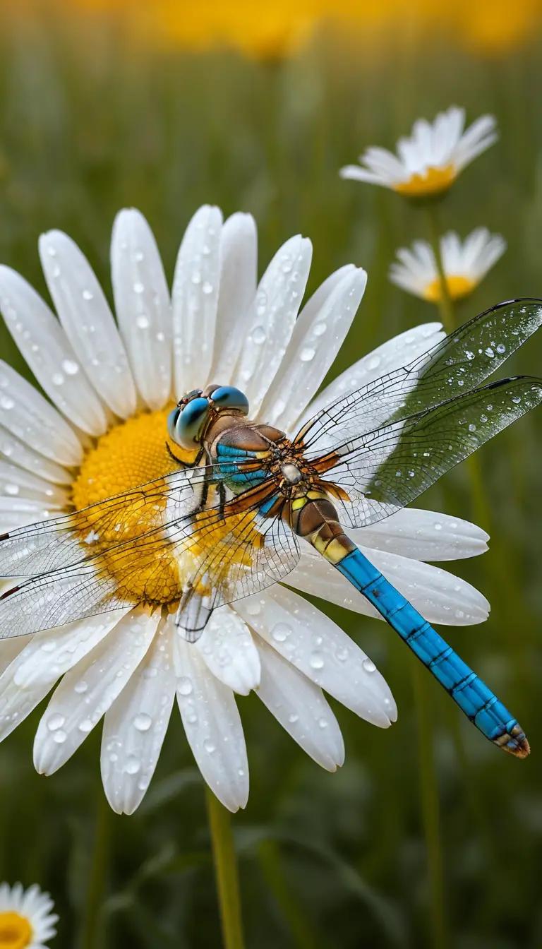 Libelle auf taufrischem Gänseblümchen im Wildblumenfeld