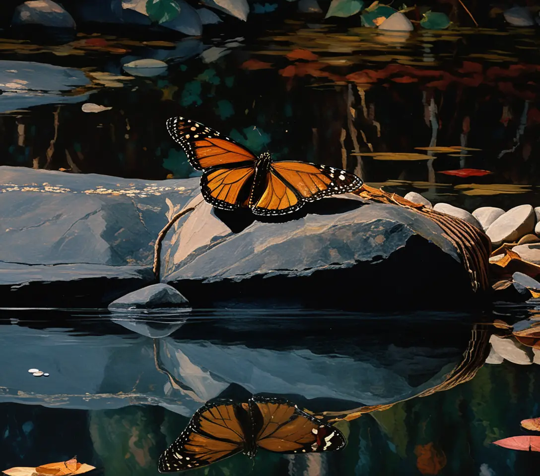 고요한 반사 수면가에 쉬고 있는 Monarch 나비