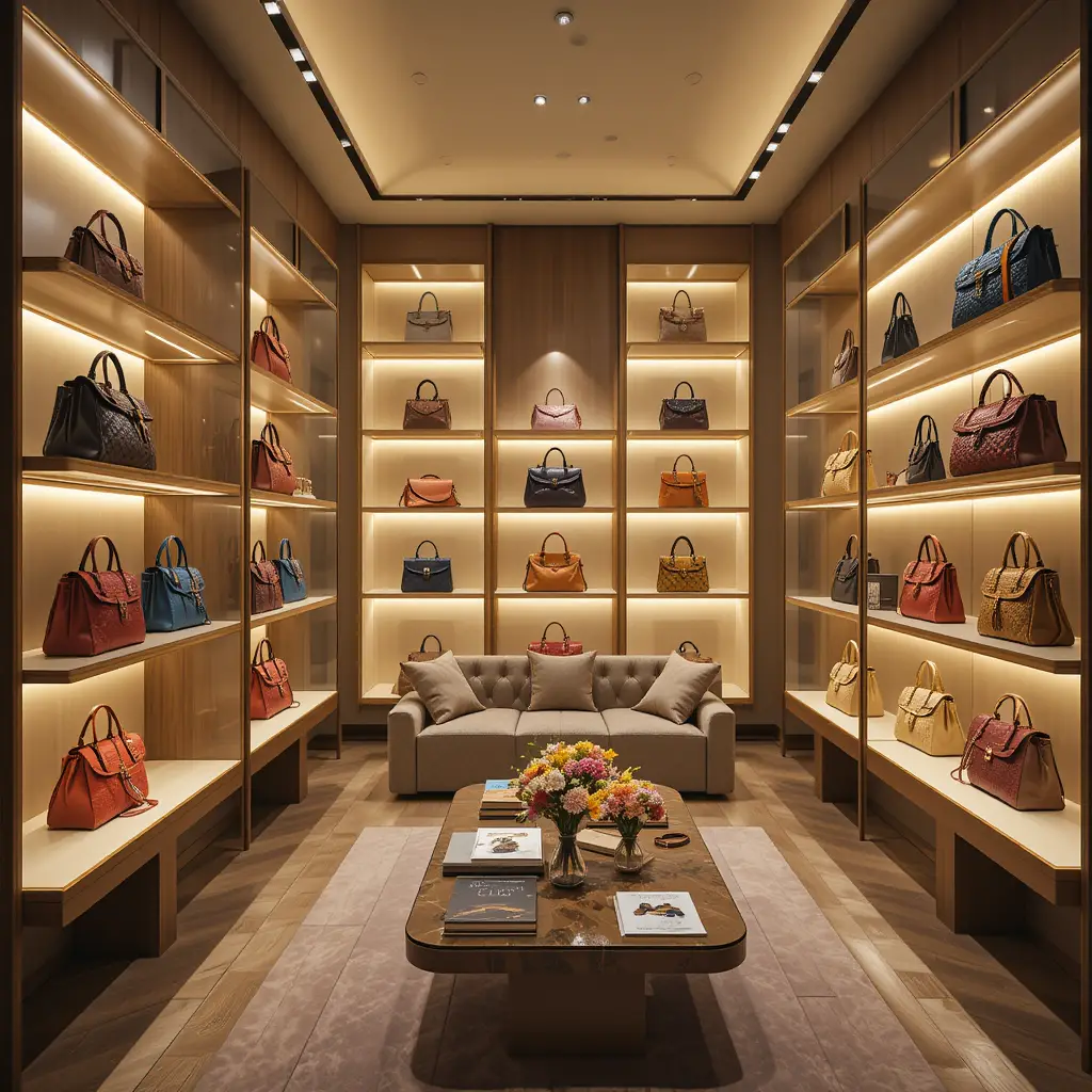 Luxuriöser Designer-Handtaschen-Showroom mit warmem goldenen Interieur