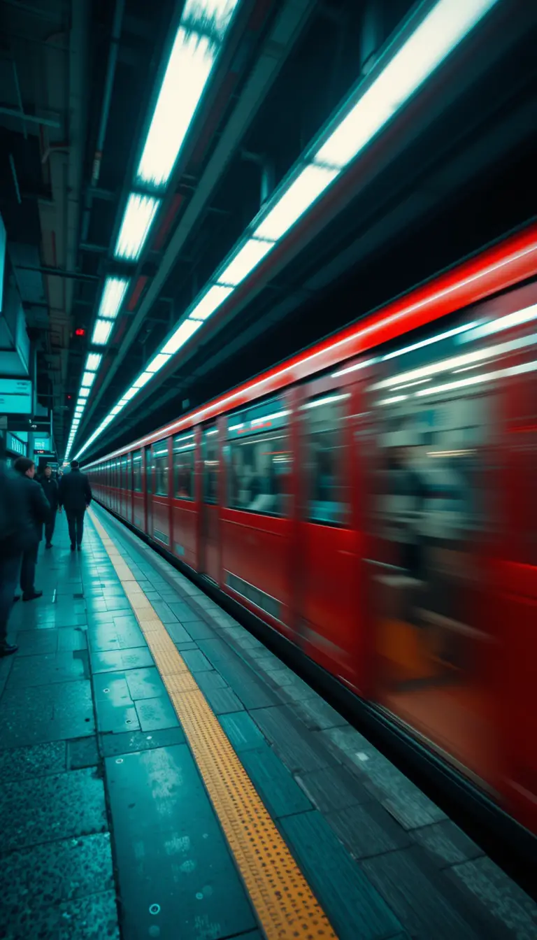 Red subway train rushing through an urban station