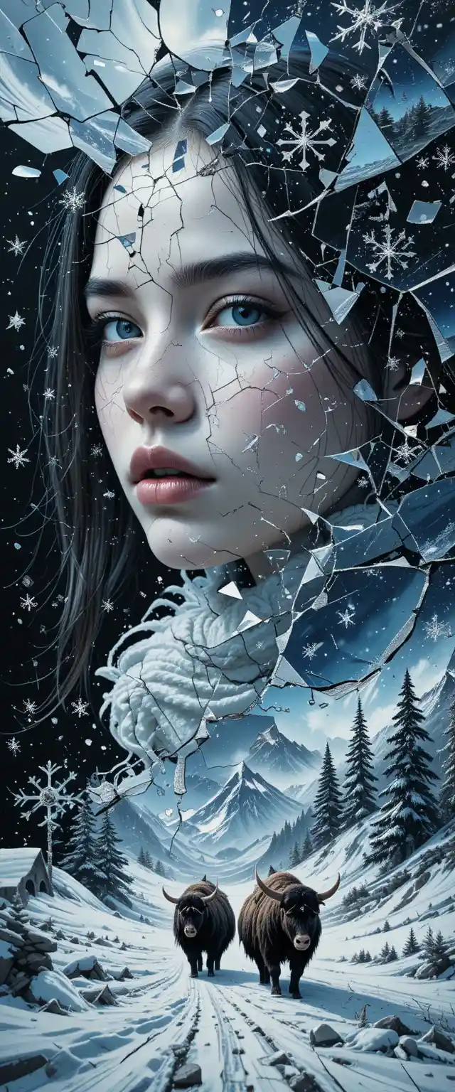 破裂鏡中女孩特寫肖像，映照在雪山之上