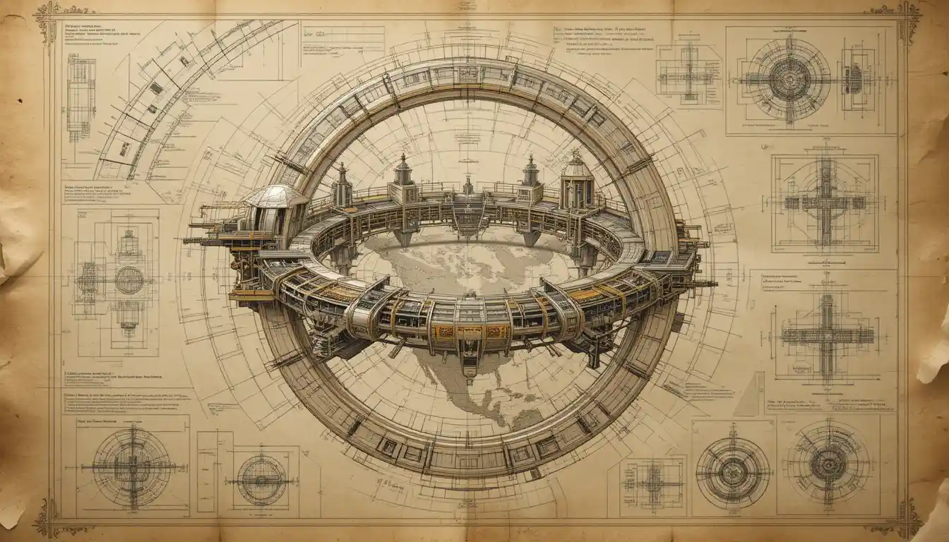 Technical drawing of a futuristic ring habitat around Earth