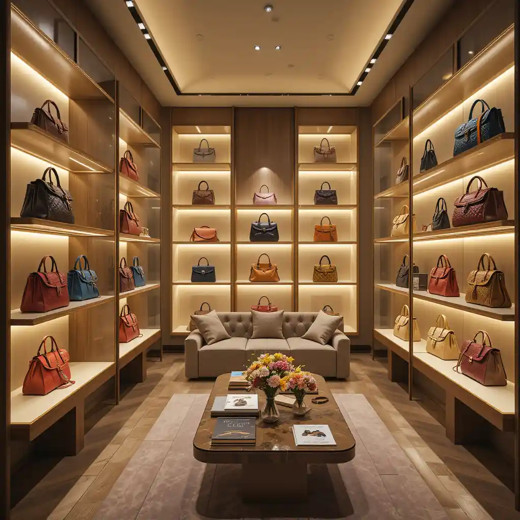 Luxuriöser Designer-Handtaschen-Showroom mit warmem goldenen Interieur