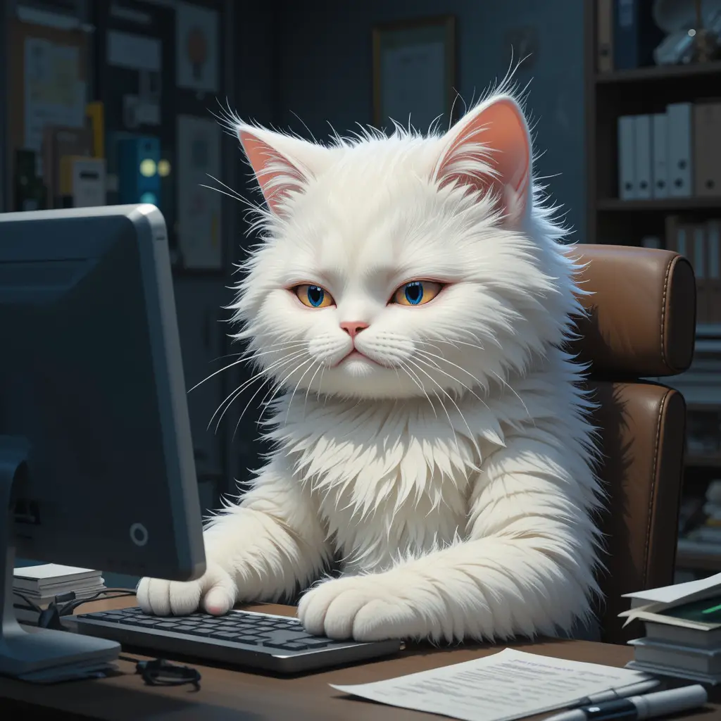 Müde anthropomorphe weiße Katze, die spät im dunklen Büro arbeitet