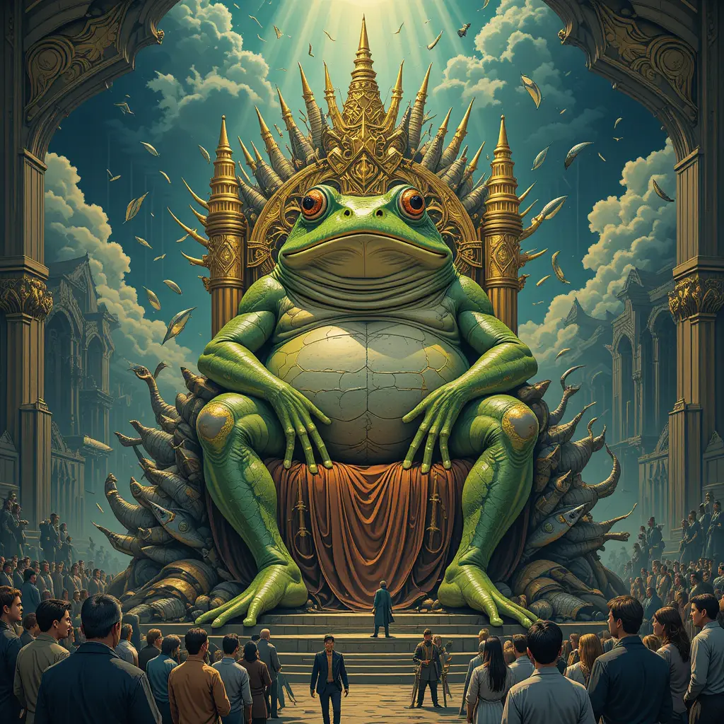 Giant frog king seated on a throne of fish