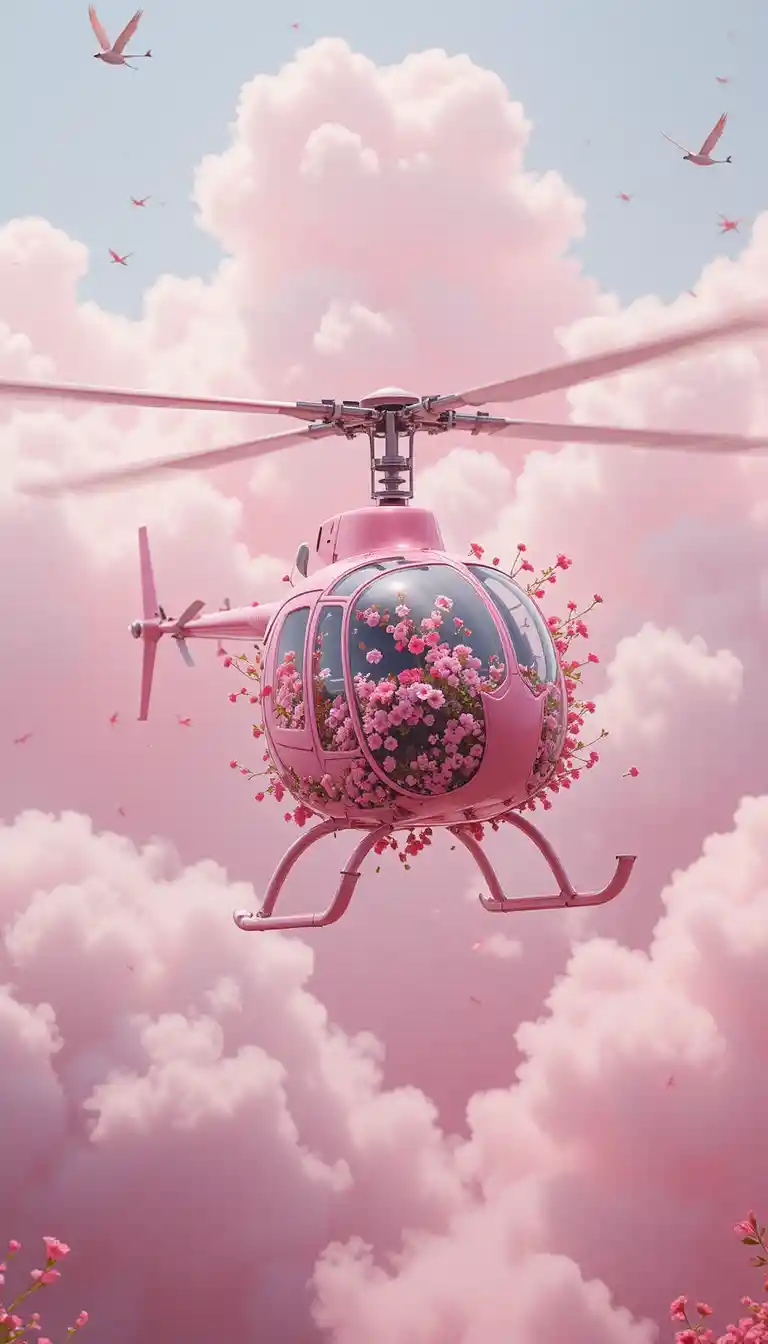 Elicottero meccanico rosa floreale in un cielo pastello delicato