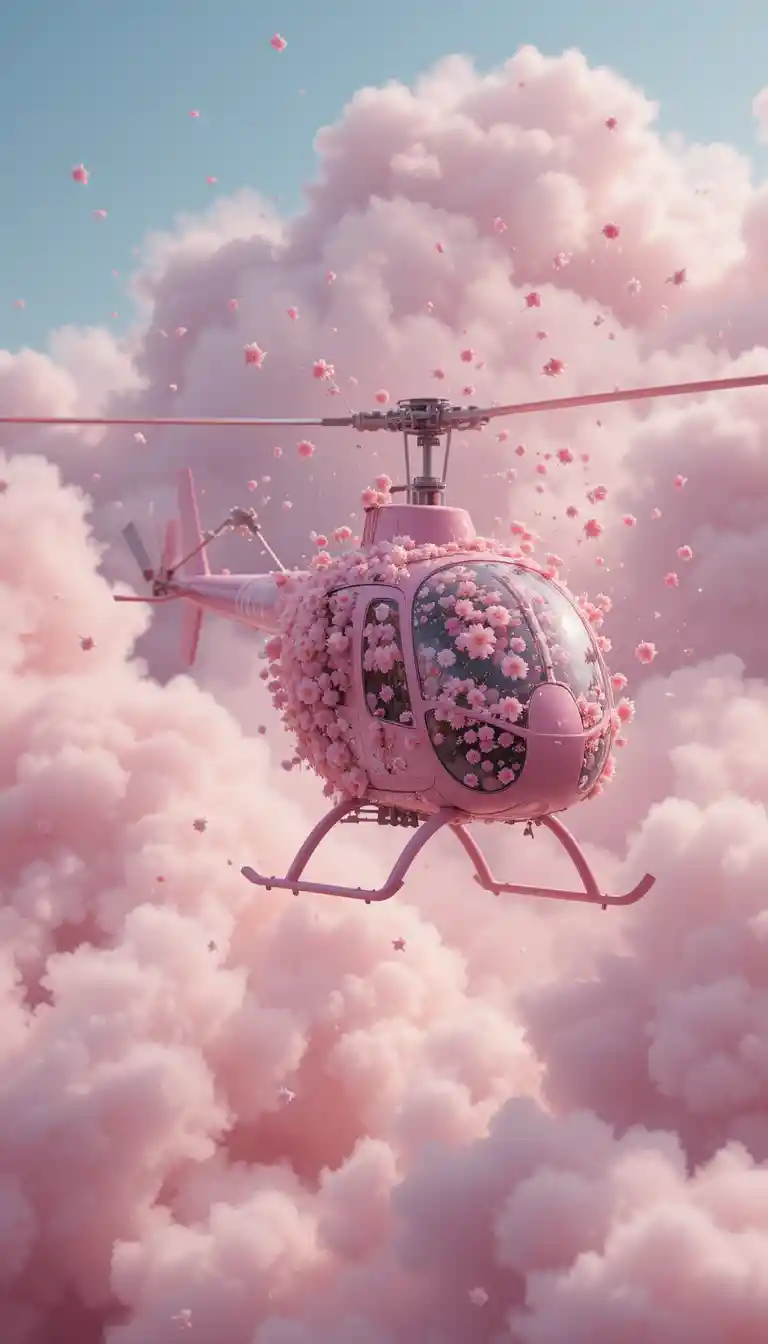 Close up pink mechanical helicopter with floating flowers