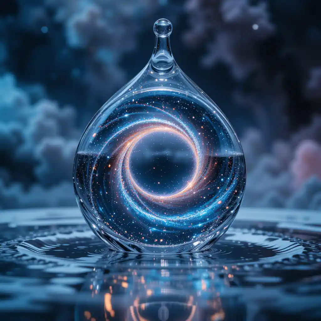 Primerísimo plano de una gota de agua que refracta galaxias en colisión
