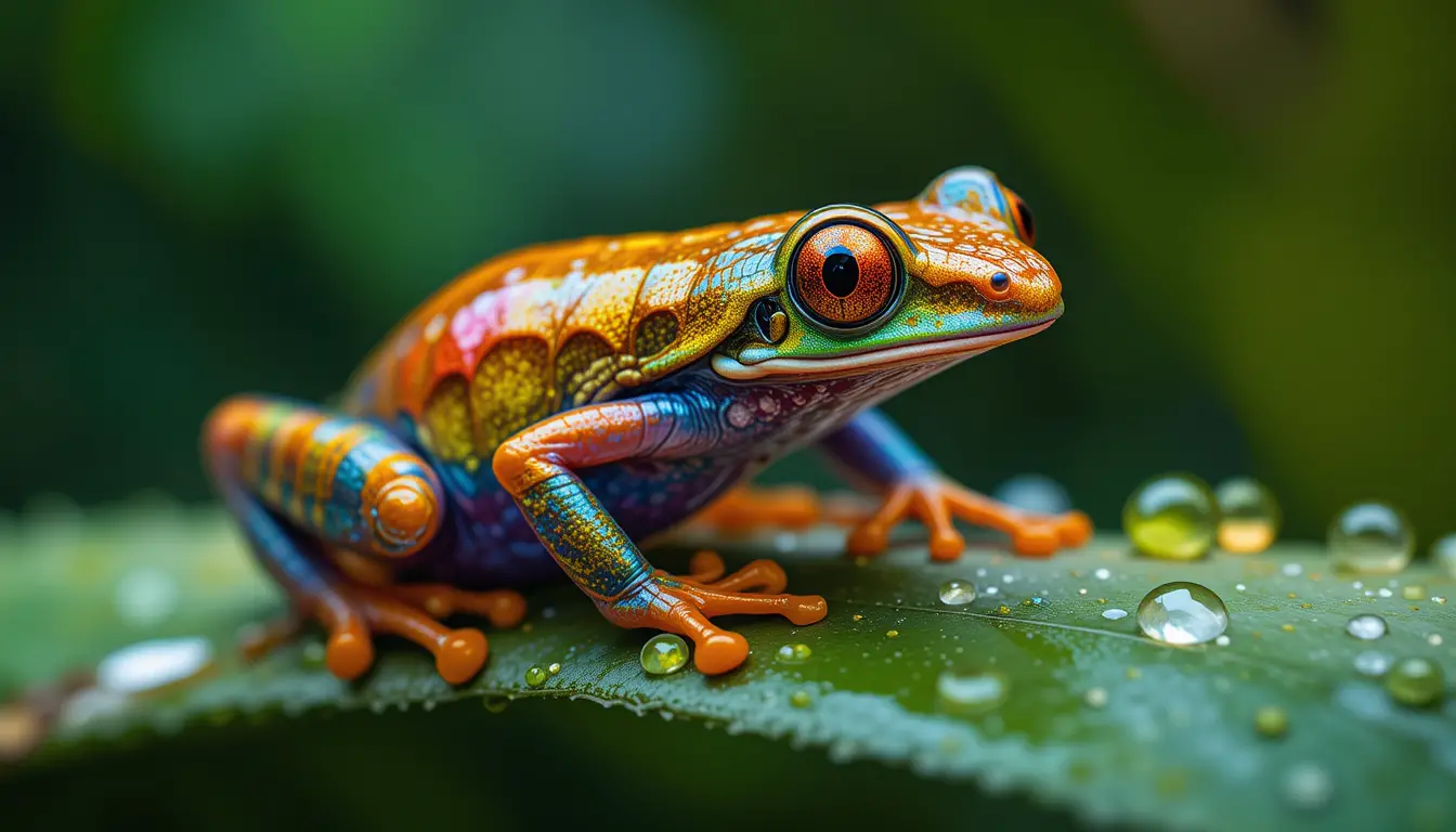 Leuchtender Glasfrosch aus Buntglas auf taufrischem Blatt
