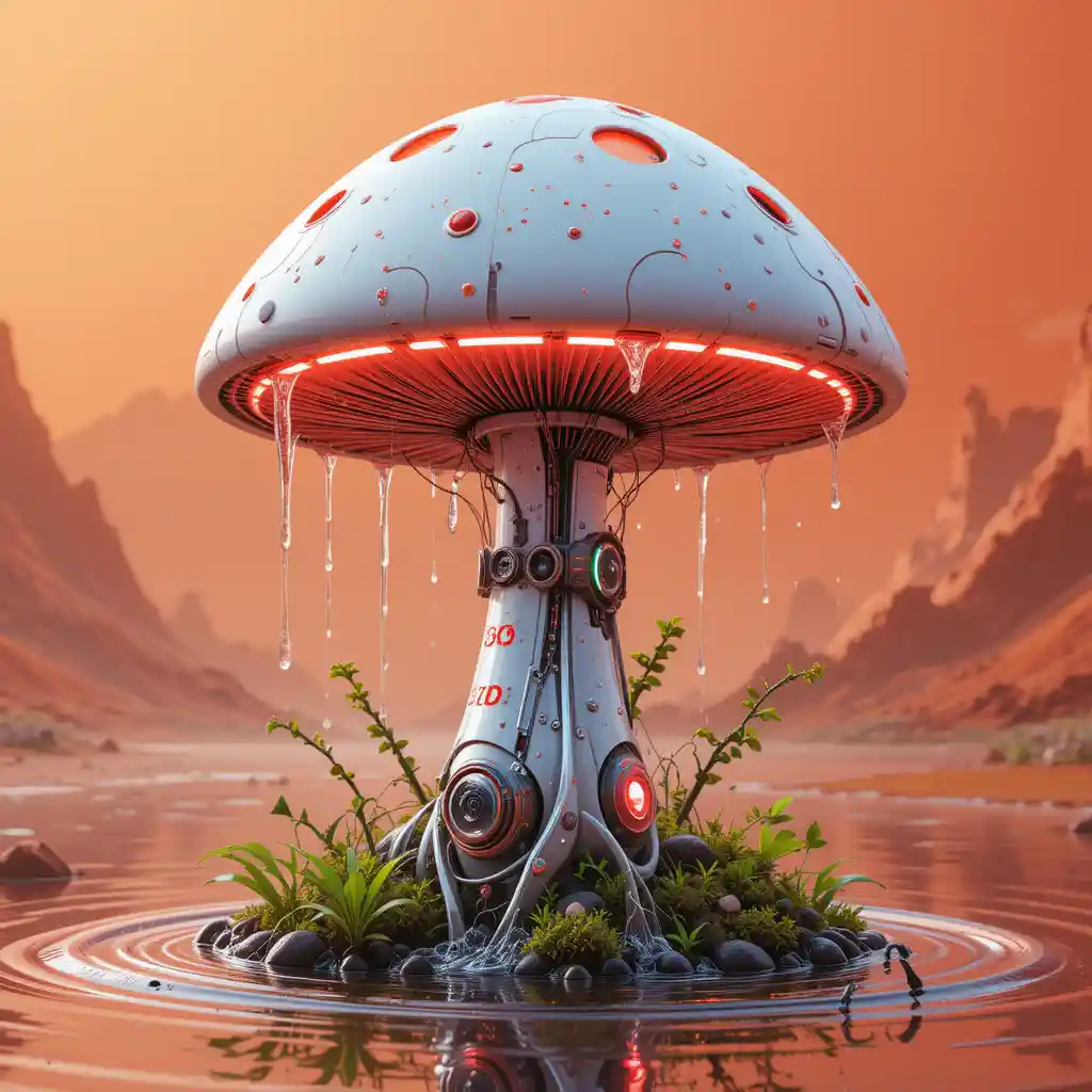 Futuristic Robotic Mushroom In A Wet Orange Landscape