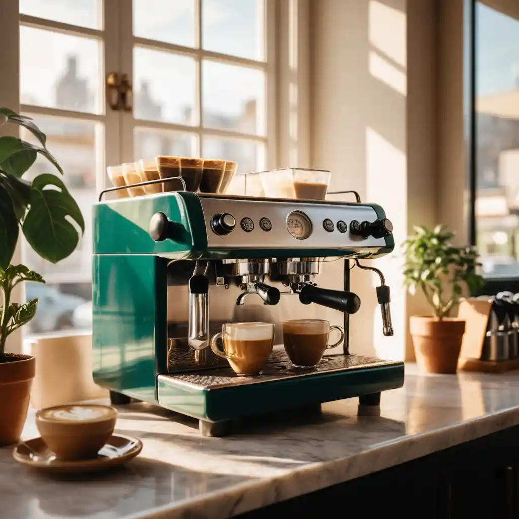 Barista che prepara un latte in un accogliente caffè minimalista illuminato dal sole