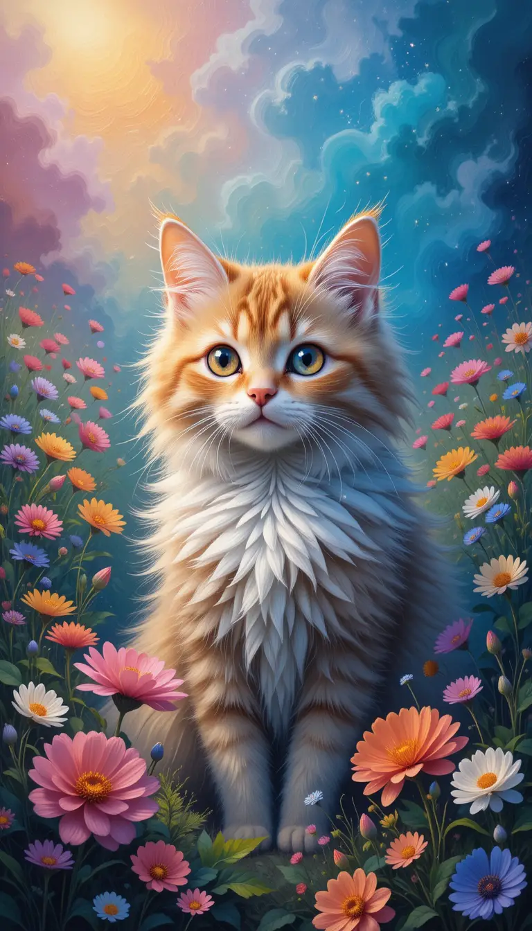 Flauschige Katze in einer Regenbogenwiese – Ölgemälde-Szene