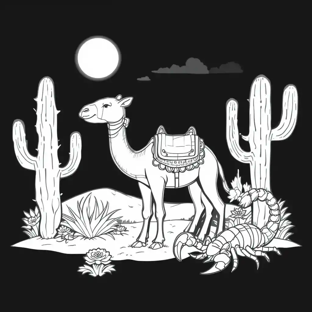 Camel cactus and scorpion desert coloring page scene