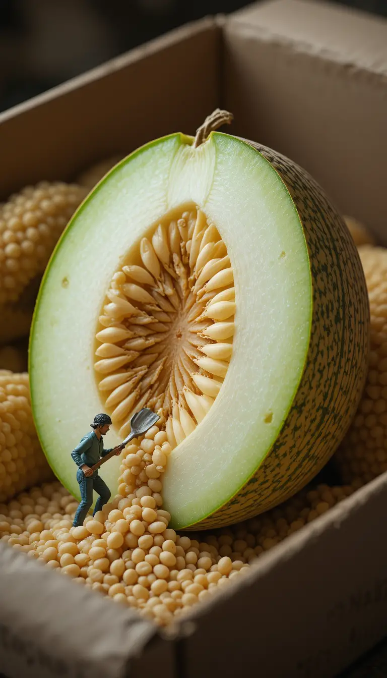 Vista macro di una miniatura di contadino che estrae semi da un melone