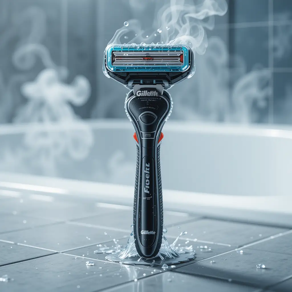 3d razor on wet bathroom tiles with rising steam