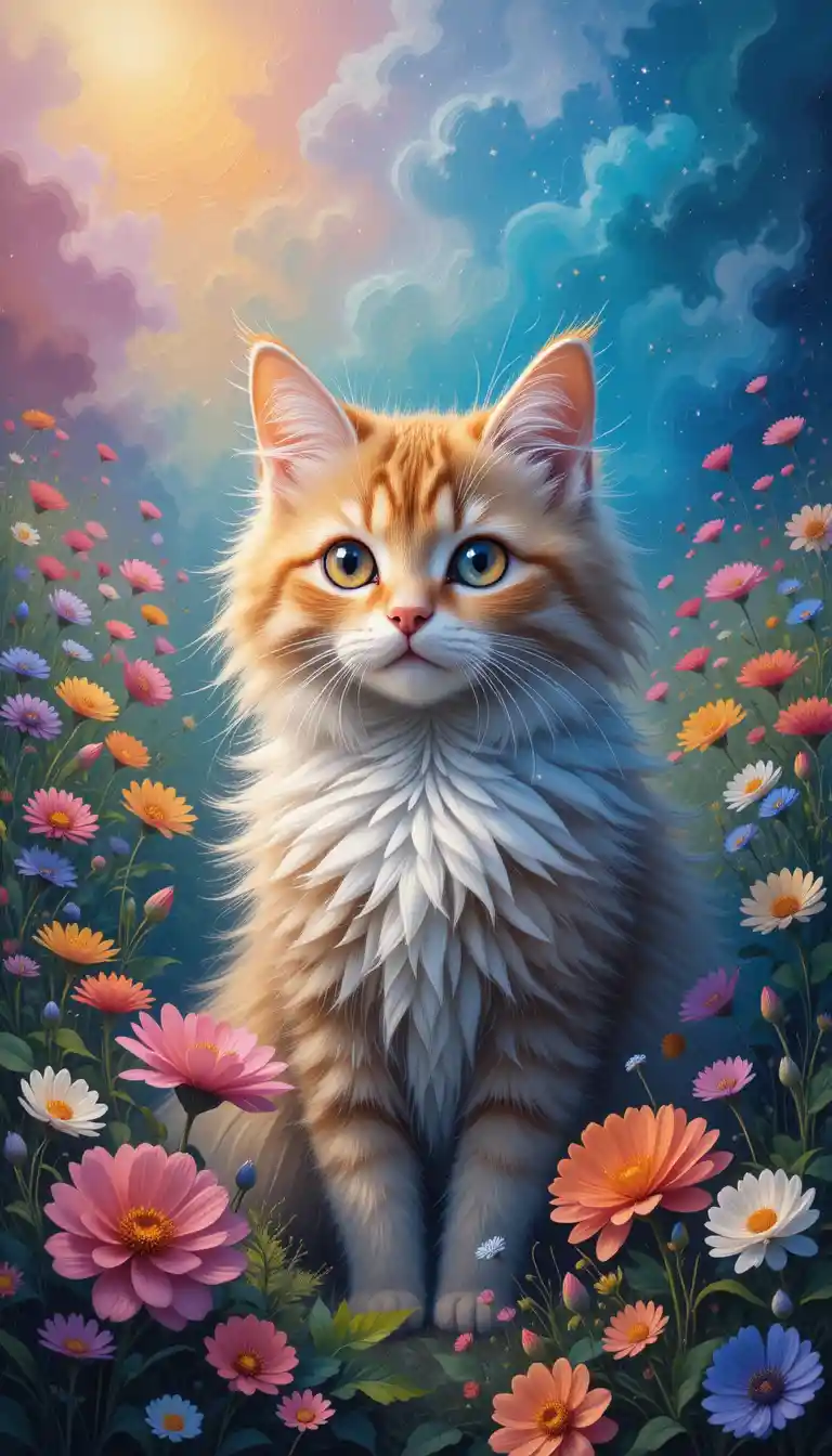 Flauschige Katze in einer Regenbogenwiese – Ölgemälde-Szene