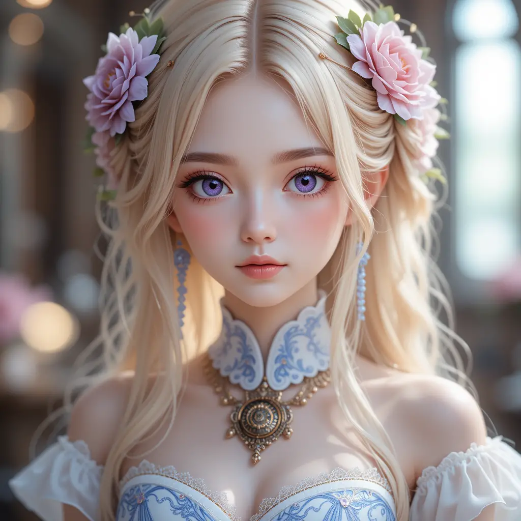 Portrait de fille anime avec cheveux floraux et bokeh doux