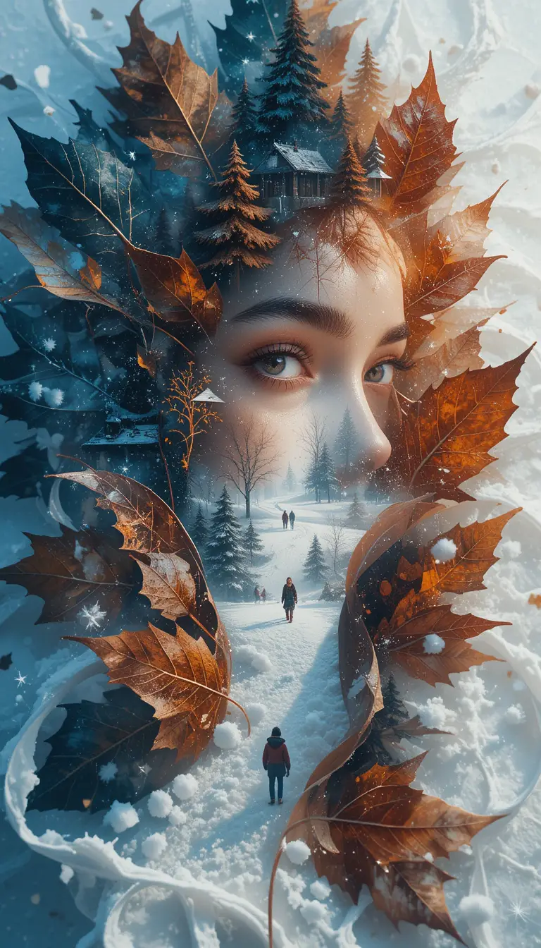 Doppelbelichtetes Winterlaub-Poster auf verschneitem Boden