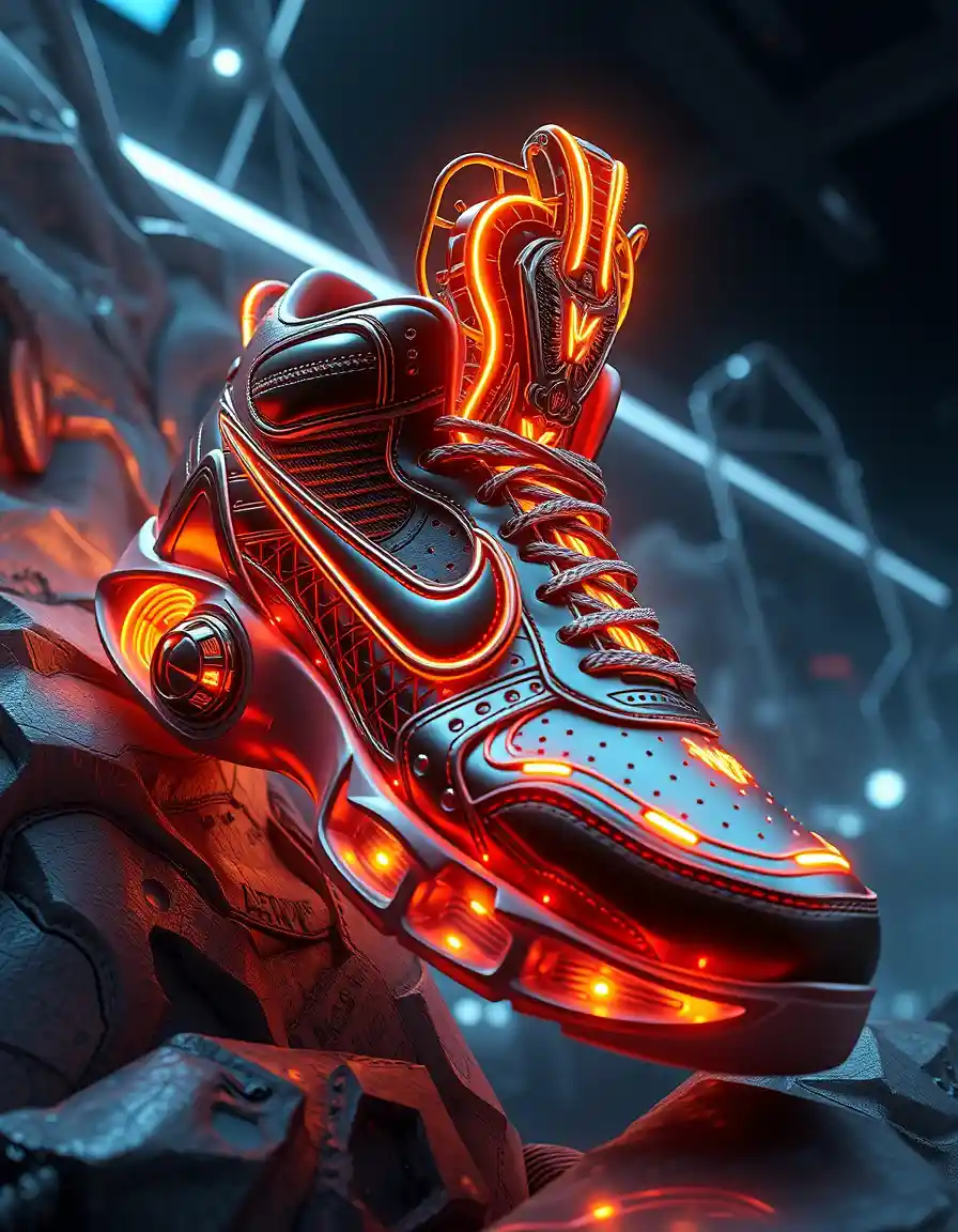 Tênis mecha neon futurista com detalhes dourados luminosos