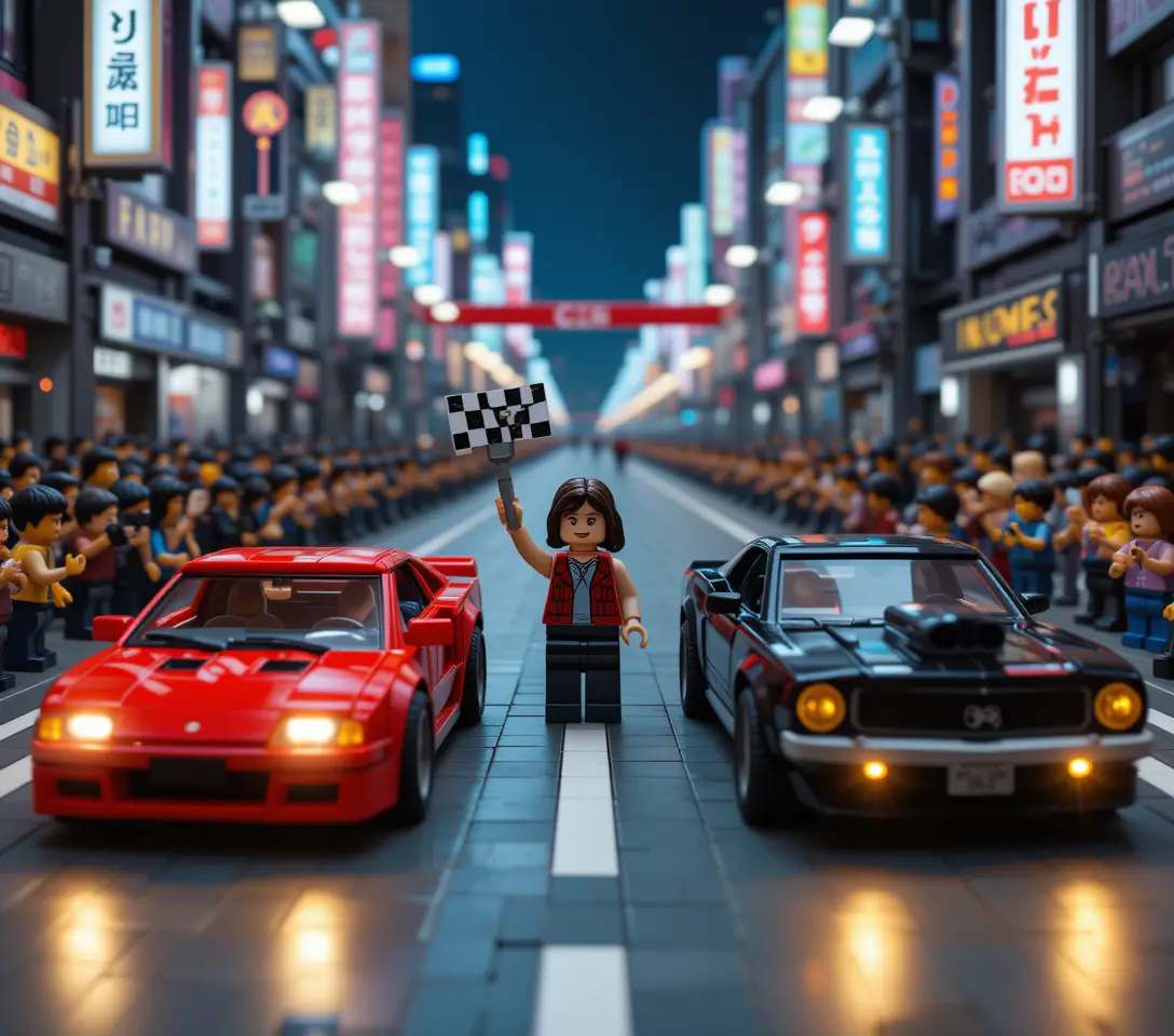 夜晚城市中的樂高跑車街頭競速