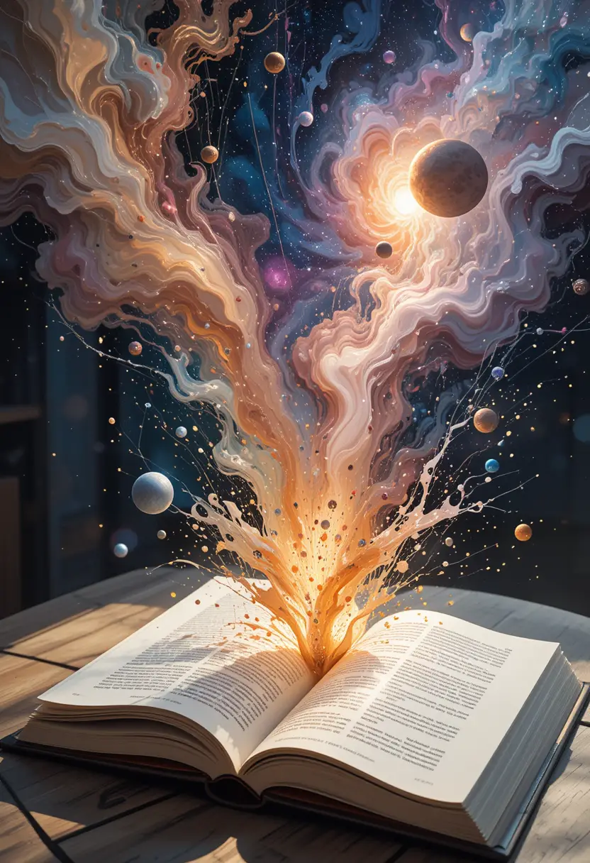 Abstrakte Schwerelosigkeitsszene, die aus einem geöffneten Buch explodiert