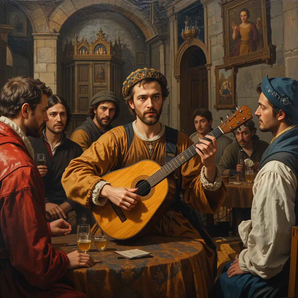 Medieval man playing lute in a lively tavern scene