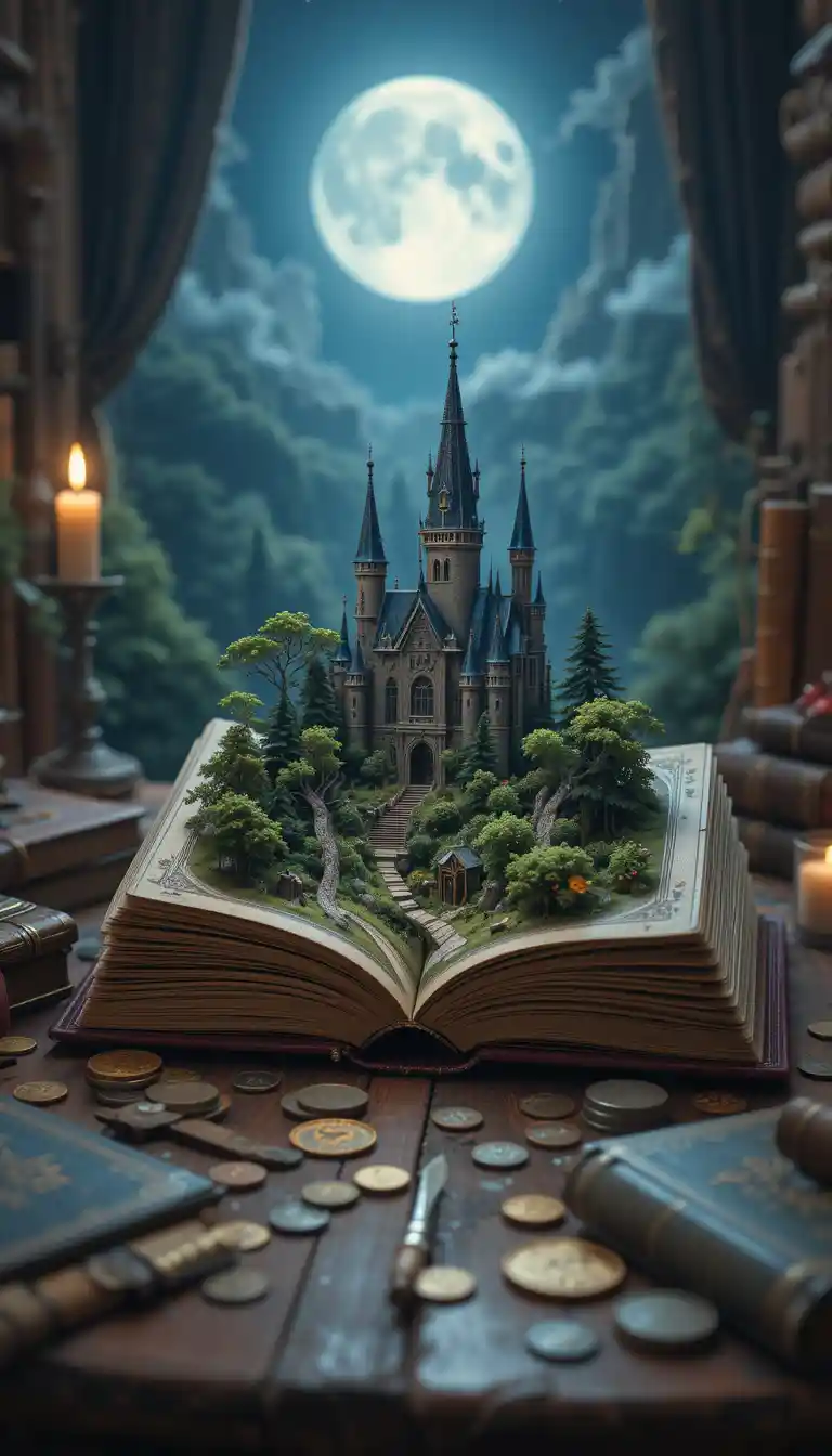 Paesaggio di castello magico che emerge da un libro antico aperto