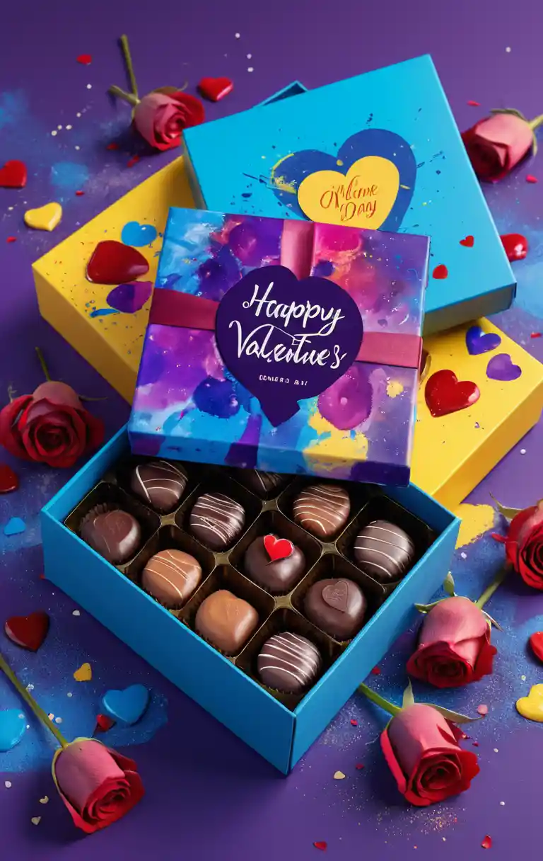 Pralinenschachtel und Rose vor farbigem abstraktem Hintergrund