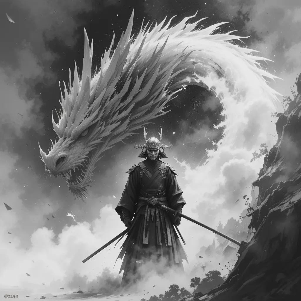 ドラゴンに立ち向かう日本の侍（水墨画スタイル）