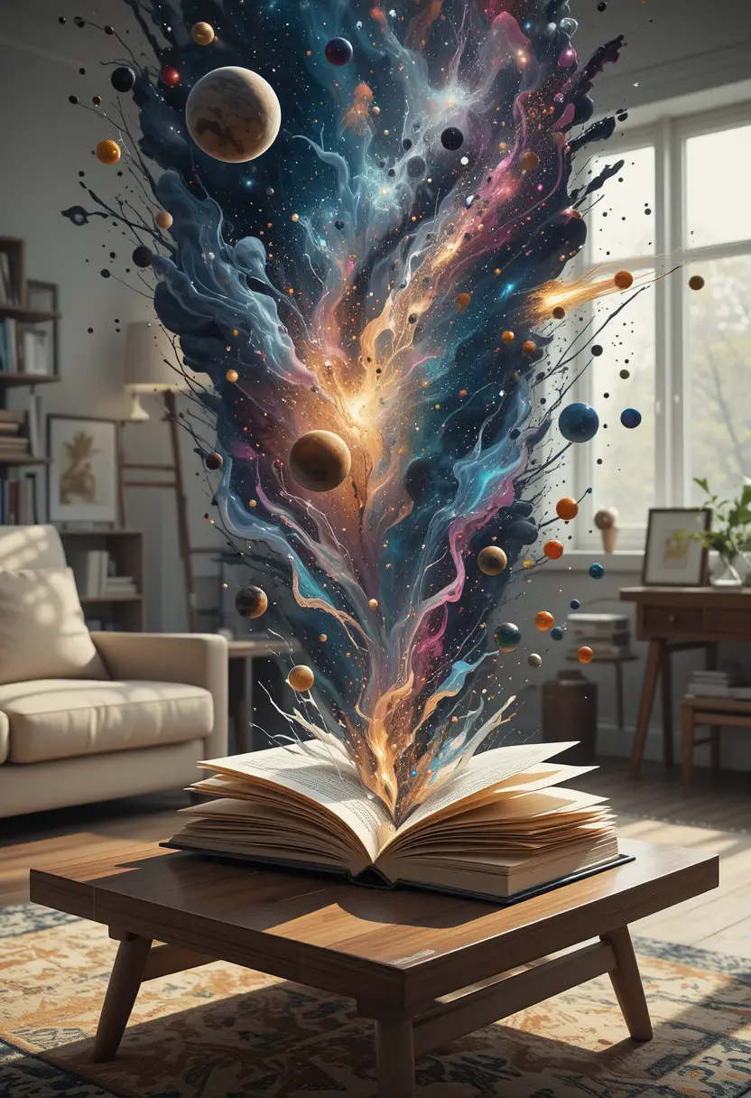 Cosmo astratto che esplode da un libro aperto sul tavolino da caffè