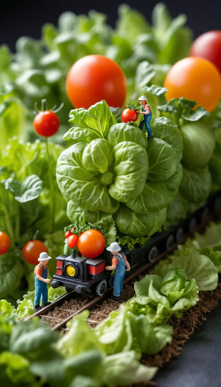 Jardiniers miniatures explorant un gigantesque paysage de salade