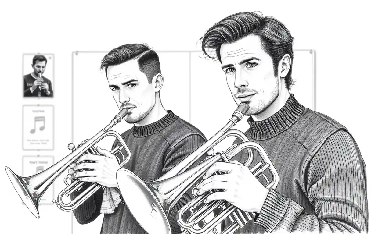 Due uomini che praticano la tromba in un tranquillo studio – disegno