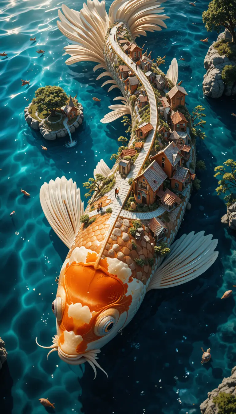 超現實空拍錦鯉化作漂浮迷你村莊