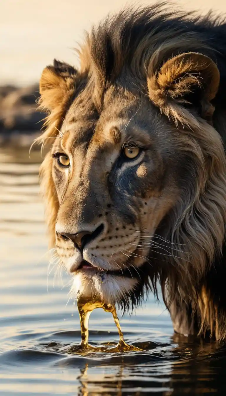 Black lion drinking from shimmering water with gold accents